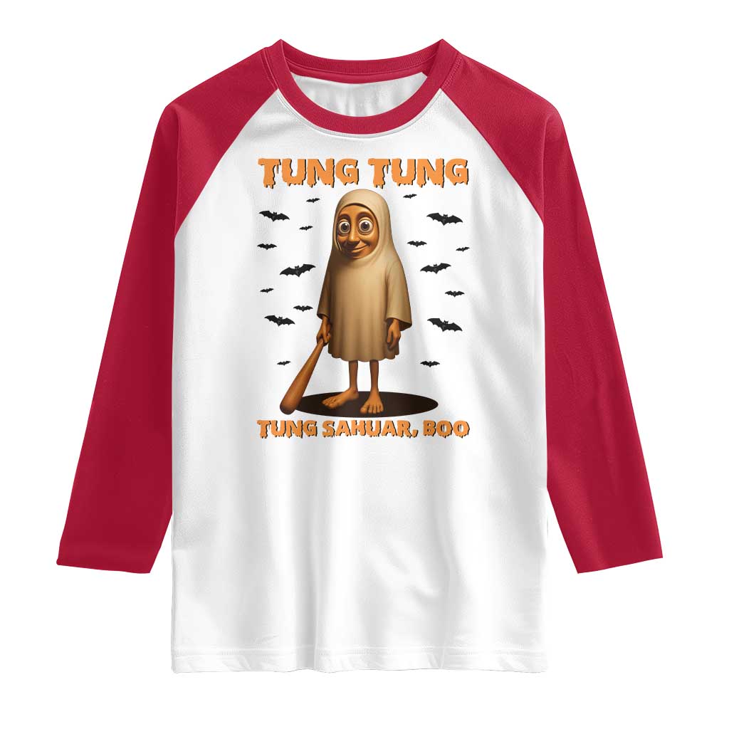 Funny Italian Brainrot Halloween Raglan Shirt Tung Tung Tung Sahur Meme TS14 White Red Print Your Wear