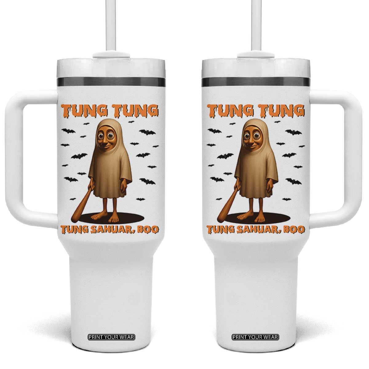 Funny Italian Brainrot Halloween Tumbler With Handle Tung Tung Tung Sahur Meme TS14 One Size: 40 oz White Print Your Wear