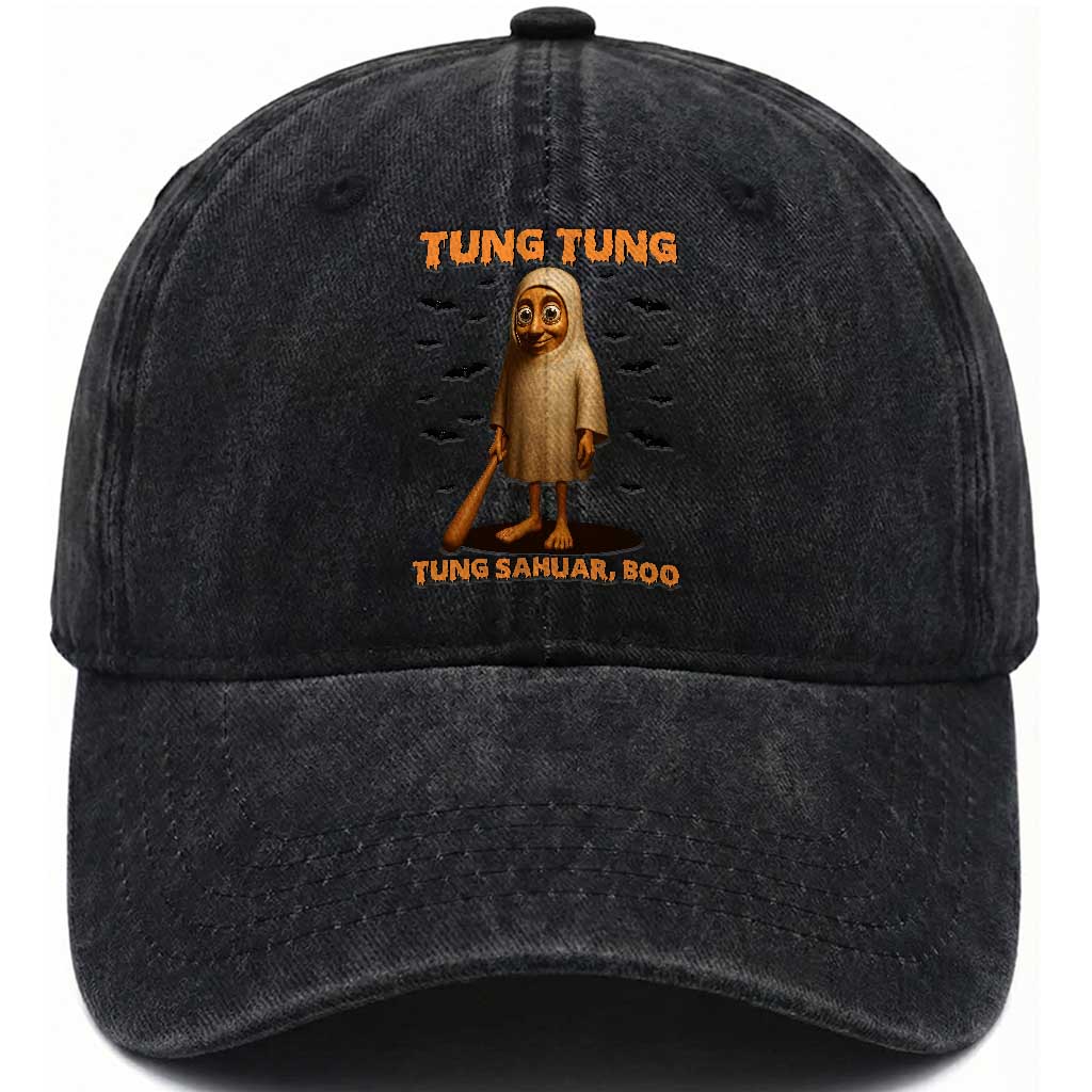 Funny Italian Brainrot Halloween Washed Cotton Baseball Cap Tung Tung Tung Sahur Meme TS14 Washed Cap Universal Fit Black Print Your Wear