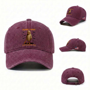 Funny Italian Brainrot Halloween Washed Cotton Baseball Cap Tung Tung Tung Sahur Meme TS14 Washed Cap Universal Fit Burgundy Print Your Wear