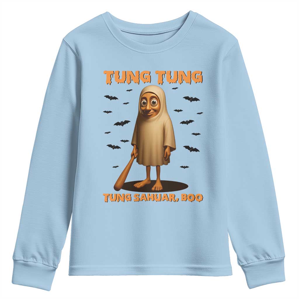 Funny Italian Brainrot Halloween Youth Sweatshirt Tung Tung Tung Sahur Meme TS14 Light Blue Print Your Wear