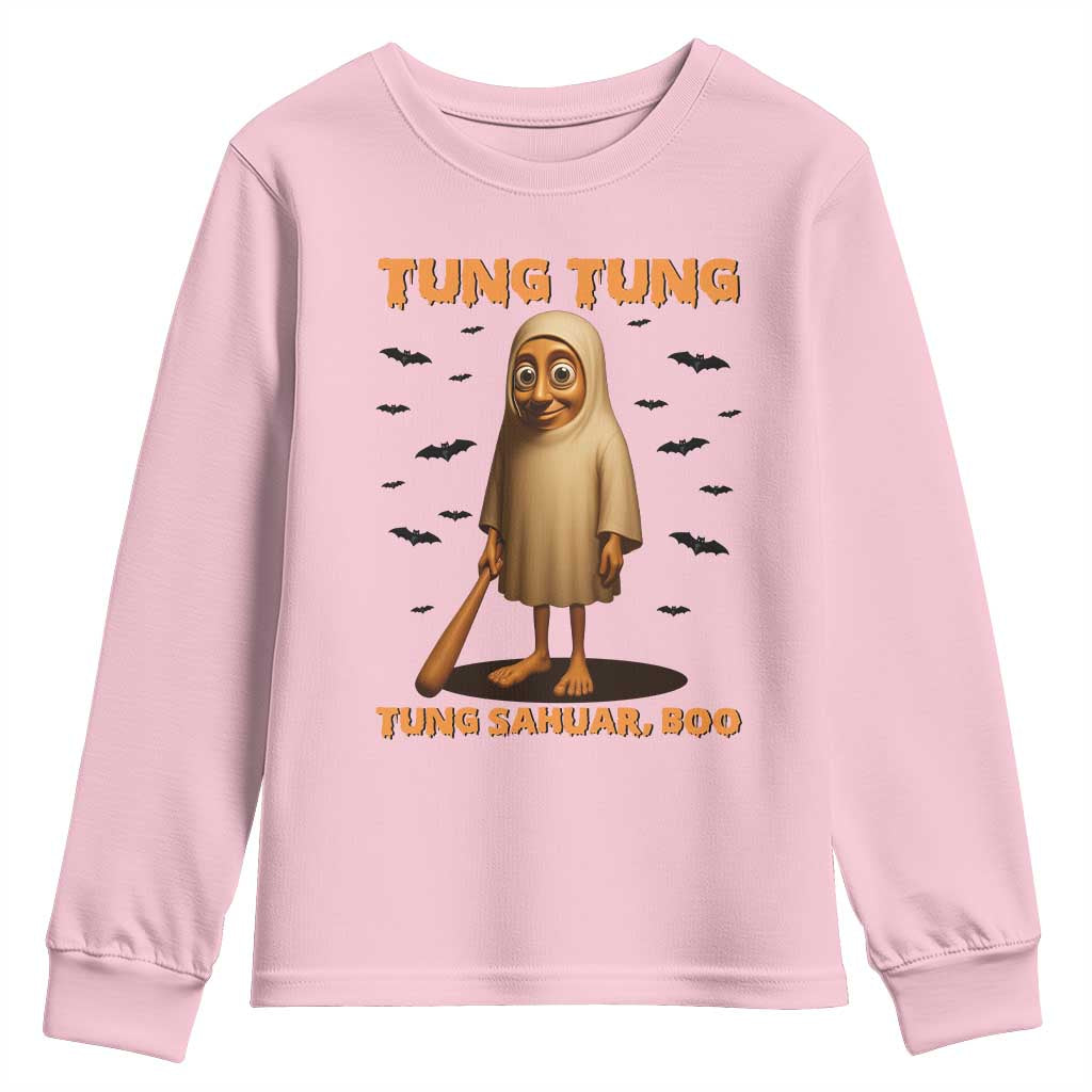 Funny Italian Brainrot Halloween Youth Sweatshirt Tung Tung Tung Sahur Meme TS14 Light Pink Print Your Wear