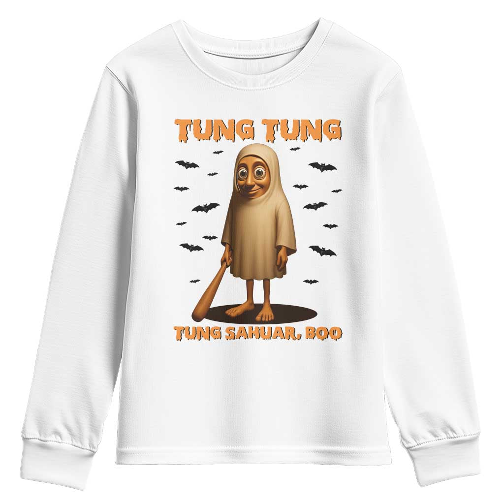 Funny Italian Brainrot Halloween Youth Sweatshirt Tung Tung Tung Sahur Meme TS14 White Print Your Wear