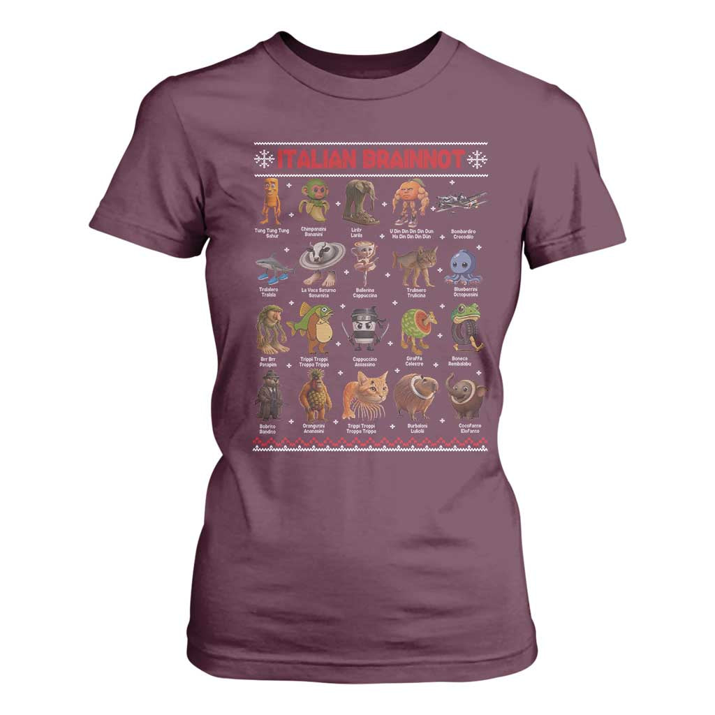 Italian Brainrot Christmas T Shirt For Women Funny Brain Rot Gen-Z Meme TS14 Maroon Print Your Wear