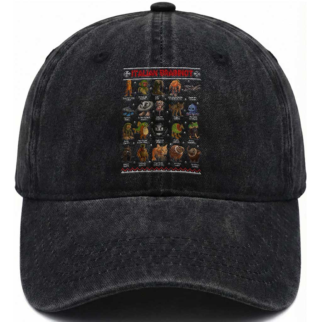 Italian Brainrot Christmas Washed Cotton Baseball Cap Funny Brain Rot Gen-Z Meme TS14 Washed Cap Universal Fit Black Print Your Wear