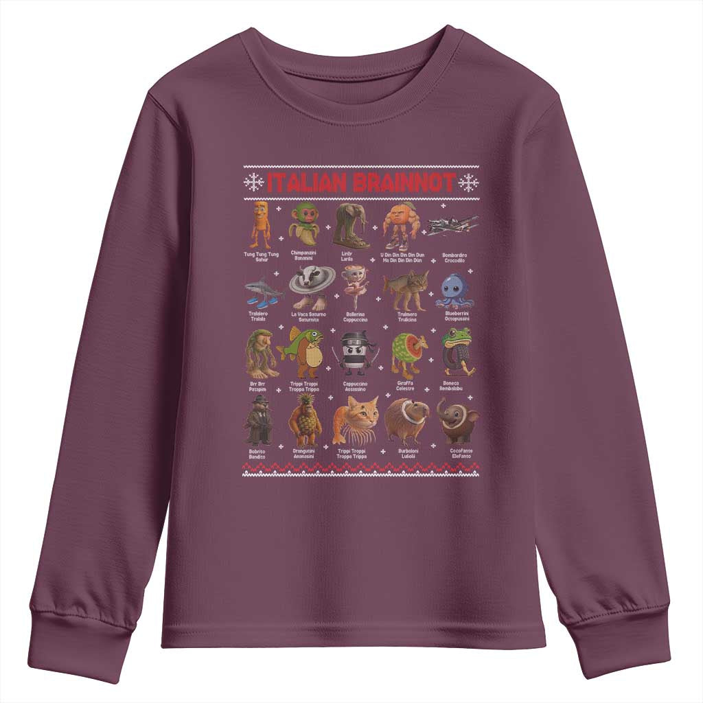 Italian Brainrot Christmas Youth Sweatshirt Funny Brain Rot Gen-Z Meme TS14 Maroon Print Your Wear