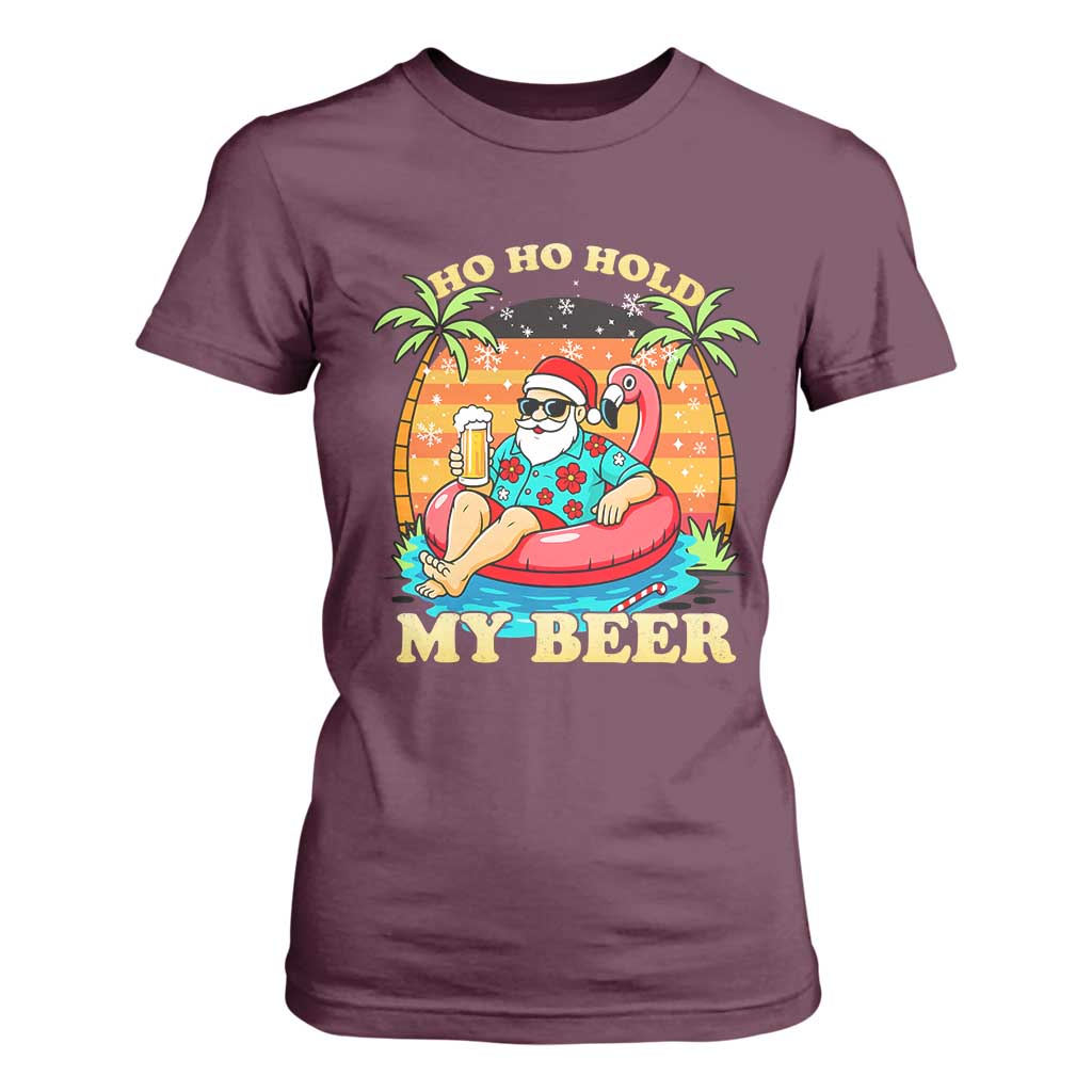 Santa Beer Christmas T Shirt For Women Ho Ho Ho My Beer TS14 Maroon Print Your Wear
