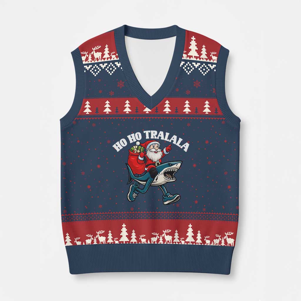 Tralalero Tralala Xmas Meme V-Neck Knit Sweater Vest Santa Xmas Ho Ho Ho TS14 Navy Red Print Your Wear