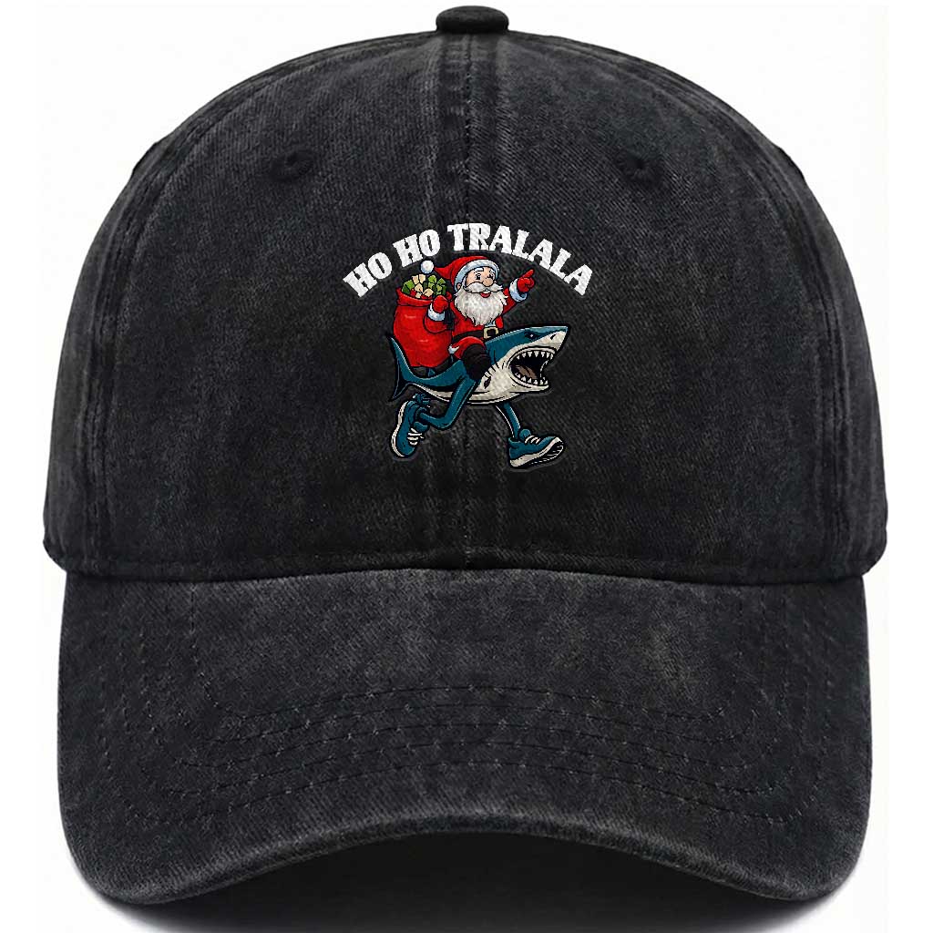 Tralalero Tralala Christmas Meme Washed Cotton Baseball Cap Santa Xmas Ho Ho Ho TS14 Washed Cap Universal Fit Black Print Your Wear