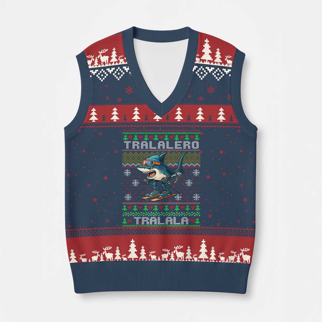 Tralalero Tralala Xmas Meme V-Neck Knit Sweater Vest Snowboard Ugly Xmas TS14 Navy Red Print Your Wear