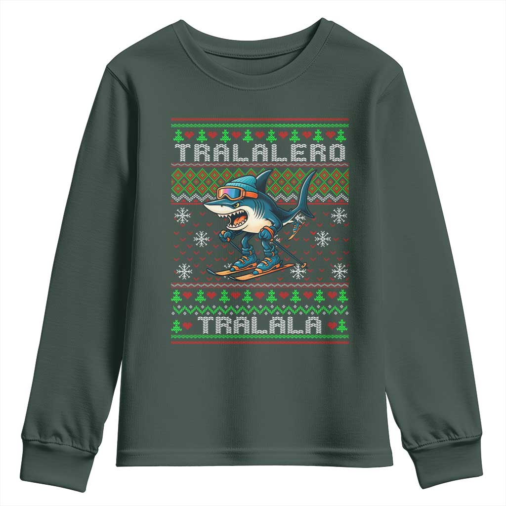 Tralalero Tralala Christmas Meme Youth Sweatshirt Snowboard Ugly Xmas TS14 Dark Forest Green Print Your Wear