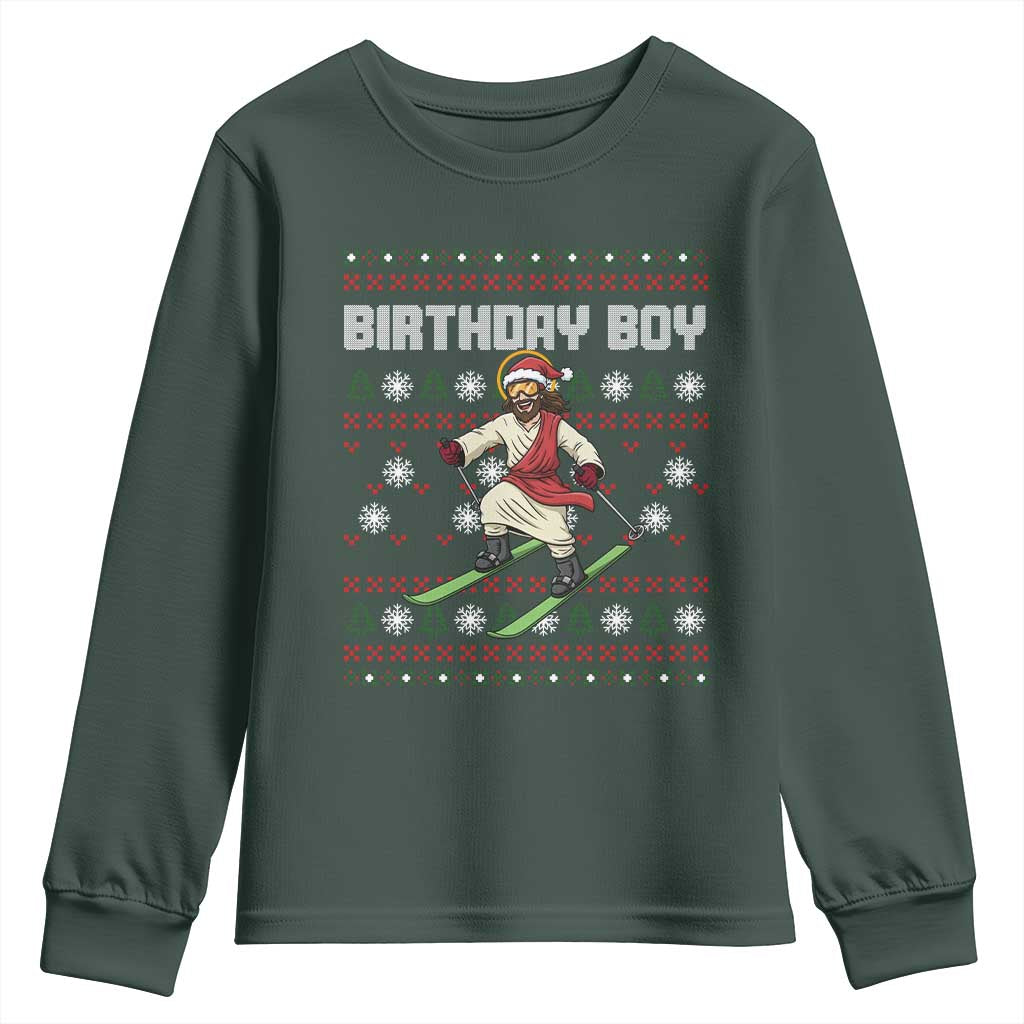 Jesus Christmas Meme Youth Sweatshirt Snowboard Birthday Boy Ugly Xmas TS14 Dark Forest Green Print Your Wear