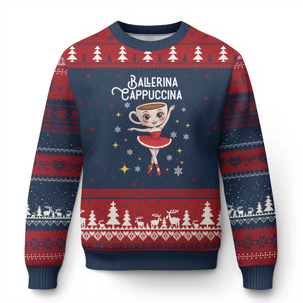 Ballerina Cappuccina Xmas Ugly Christmas Sweater Italian Brainrot Meme TS14 Navy Red Print Your Wear