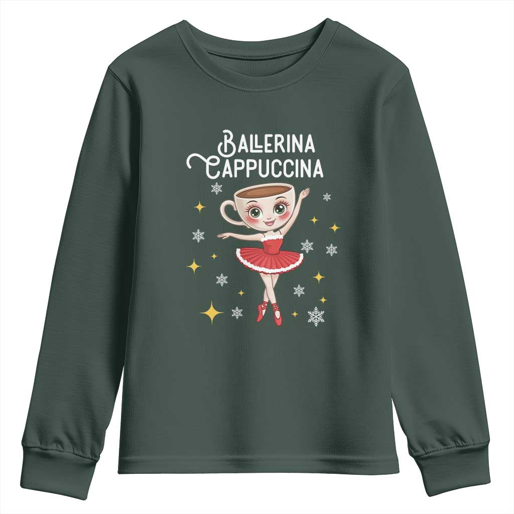 Ballerina Cappuccina Christmas Youth Sweatshirt Italian Brainrot Meme TS14 Dark Forest Green Print Your Wear