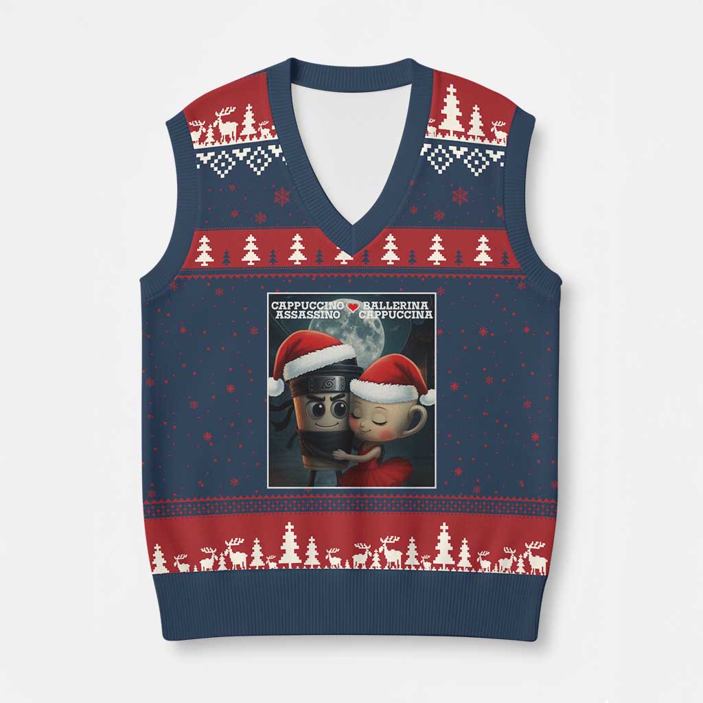 Funny Xmas Couple V-Neck Knit Sweater Vest Italian Brainrot Meme TS14 Navy Red Print Your Wear