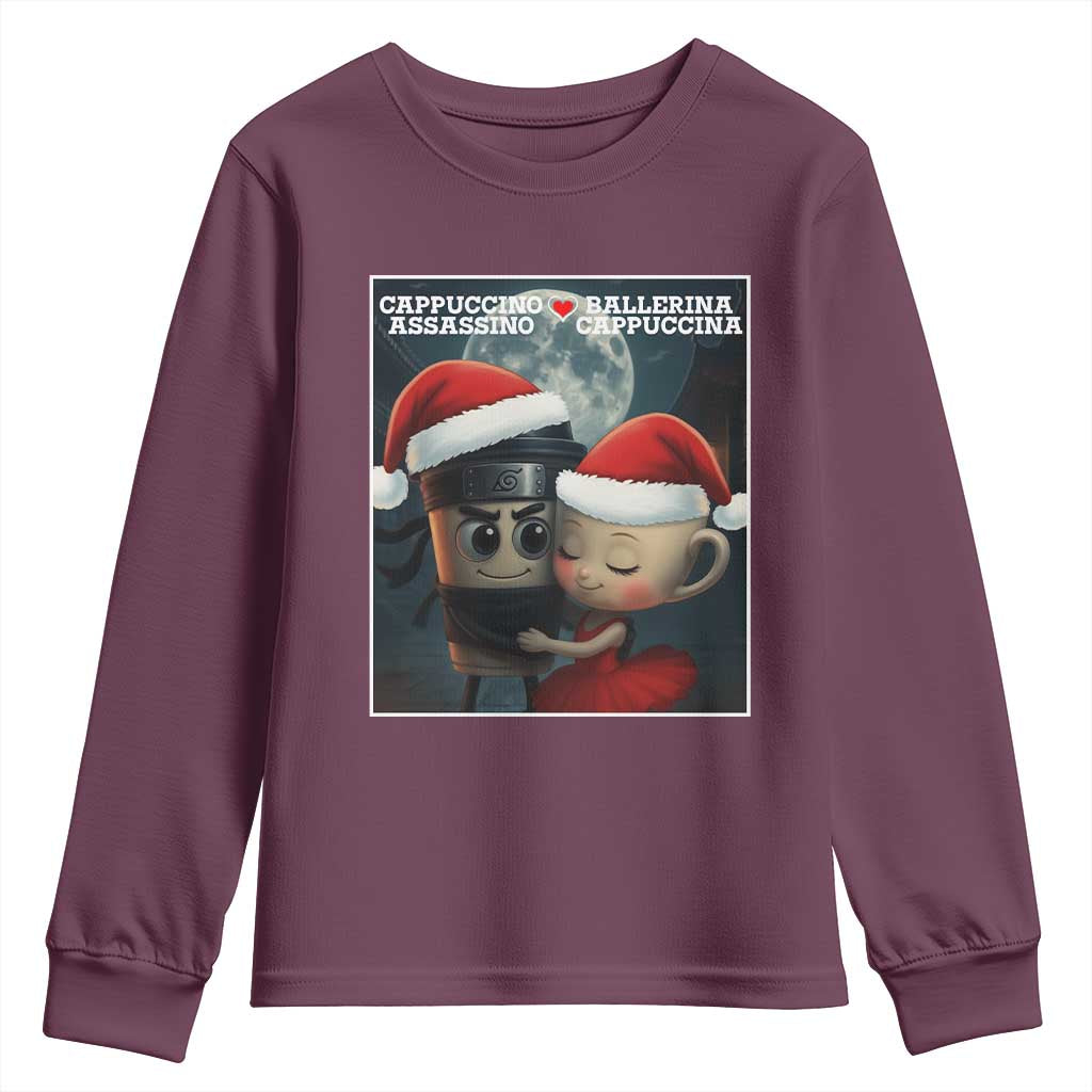 Funny Christmas Couple Youth Sweatshirt Italian Brainrot Meme TS14 Maroon Print Your Wear