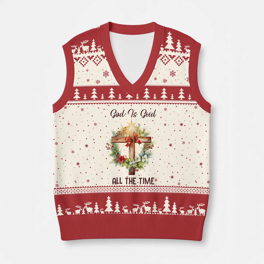 Cross Christian Xmas V-Neck Knit Sweater Vest God Is Good All The Time TS14 Beige Red Print Your Wear