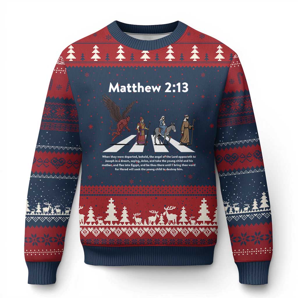 Jesus Christian Ugly Christmas Sweater Cross Bible Verse Matthew 2:13 TS14 Navy Red Print Your Wear