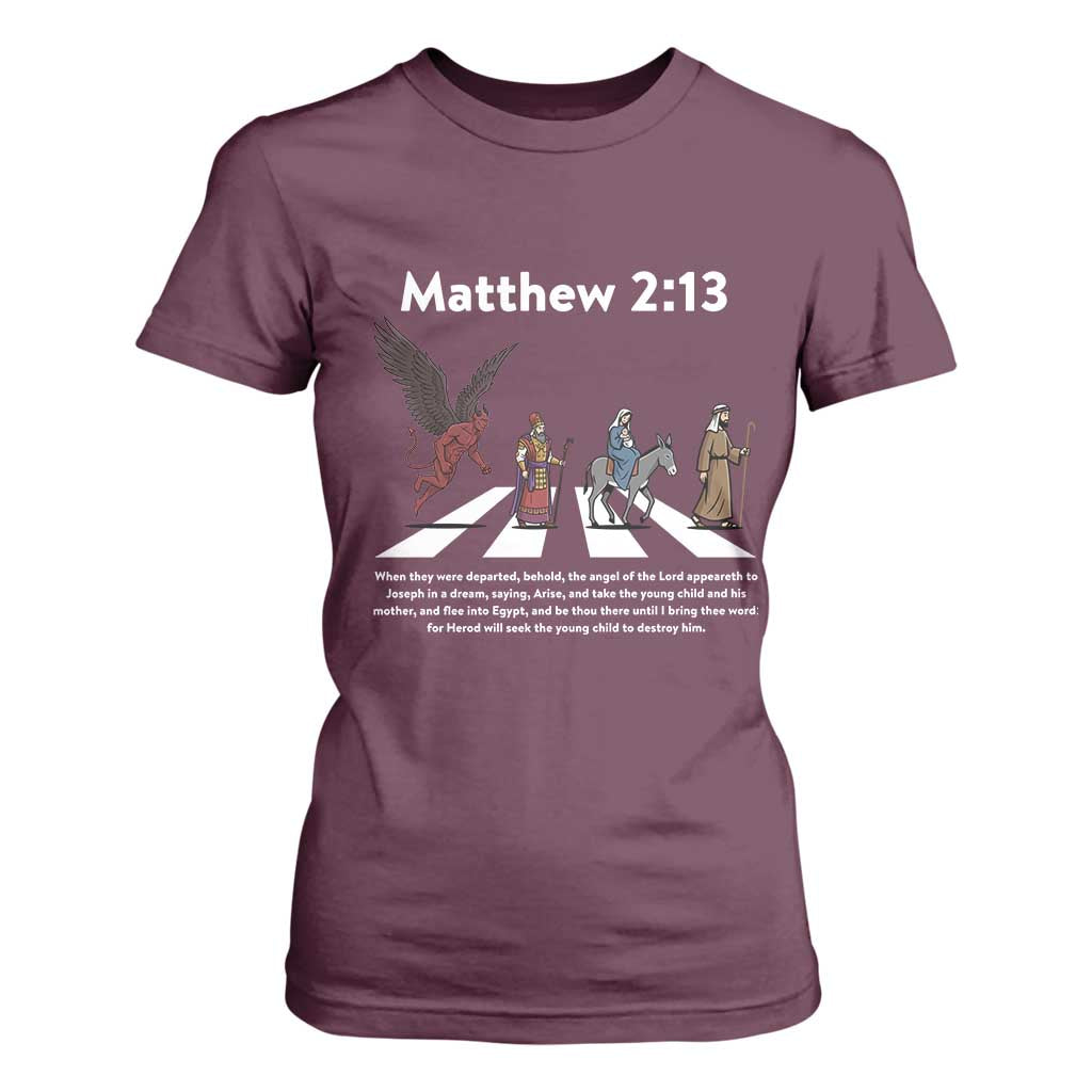 Jesus Christian T Shirt For Women Cross Bible Verse Matthew 2:13 TS14 Maroon Print Your Wear