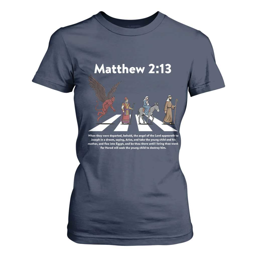 Jesus Christian T Shirt For Women Cross Bible Verse Matthew 2:13 TS14 Navy Print Your Wear