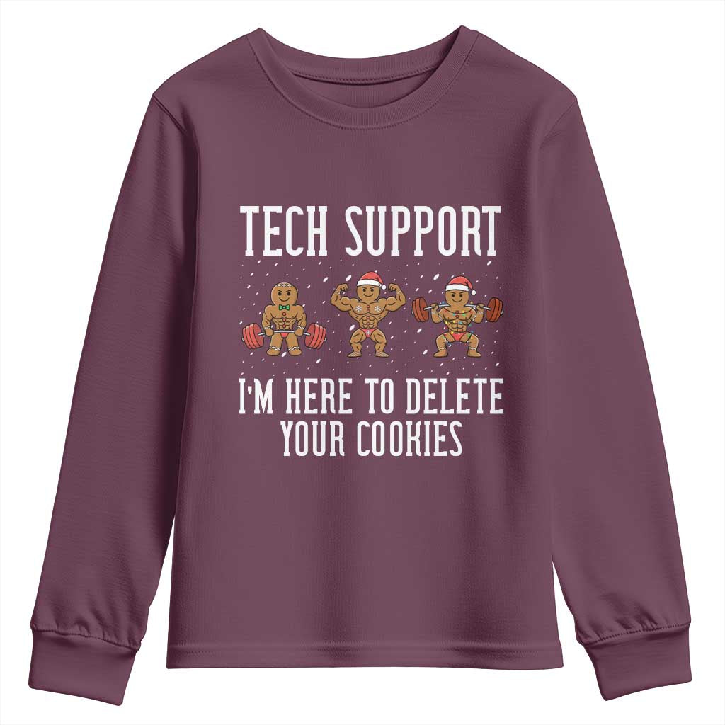 Tech Support Funny Christmas Youth Sweatshirt Gingerbread I Am Here To Delete Your Cookies TS14 Maroon Print Your Wear
