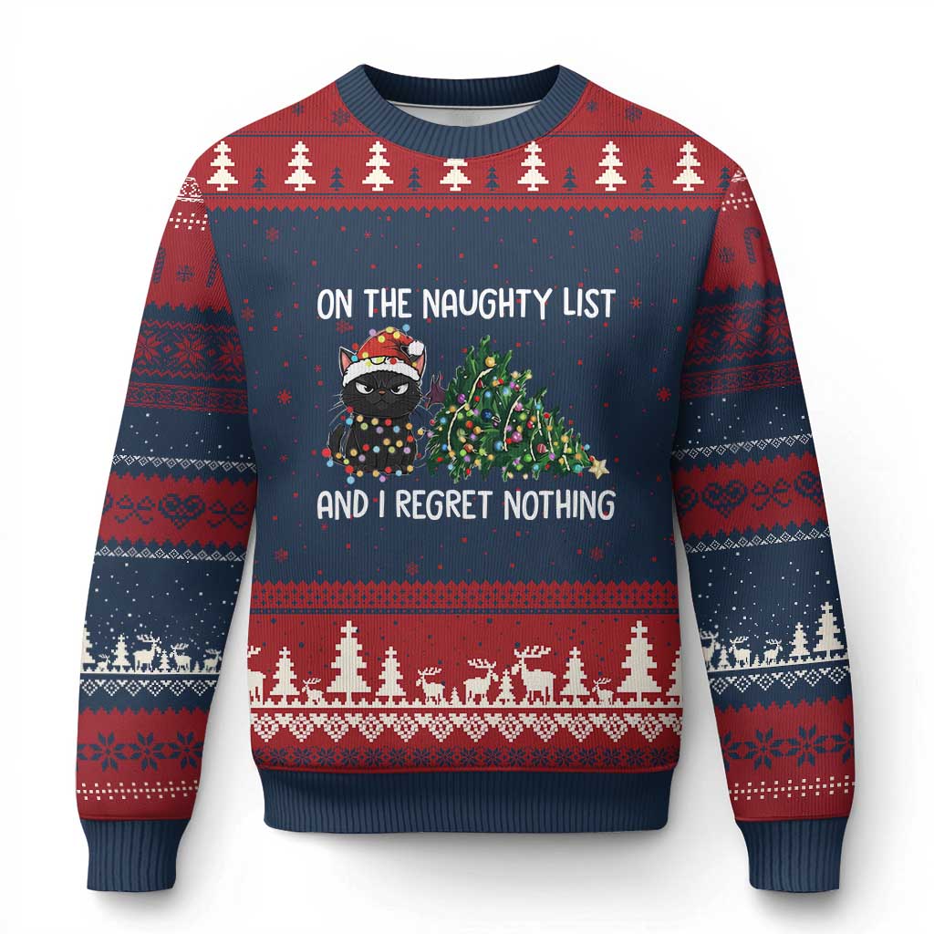 Funny Cat Xmas Ugly Christmas Sweater On The Naughty List And I Regret Nothing TS14 Navy Red Print Your Wear
