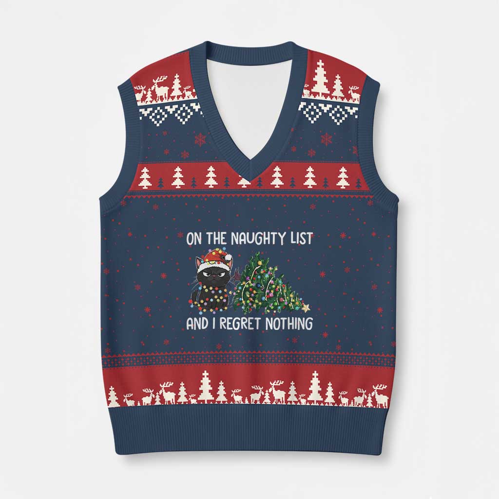 Funny Cat Xmas V-Neck Knit Sweater Vest On The Naughty List And I Regret Nothing TS14 Navy Red Print Your Wear