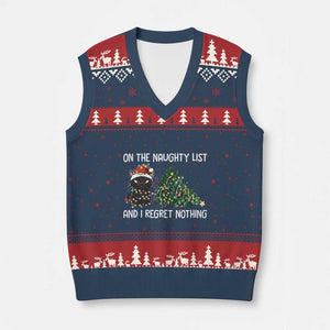 Funny Cat Xmas V-Neck Knit Sweater Vest On The Naughty List And I Regret Nothing TS14 Navy Red Print Your Wear