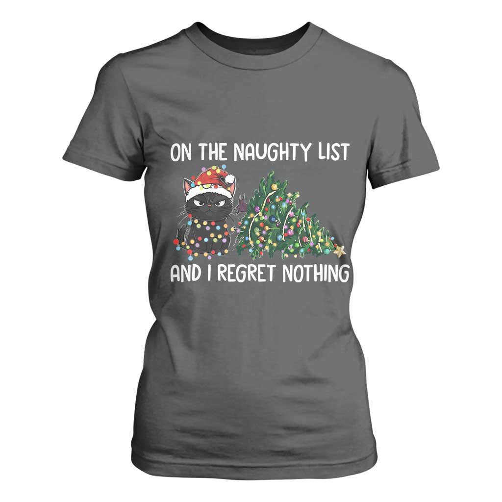 Funny Cat Christmas T Shirt For Women On The Naughty List And I Regret Nothing TS14 Dark Heather Print Your Wear