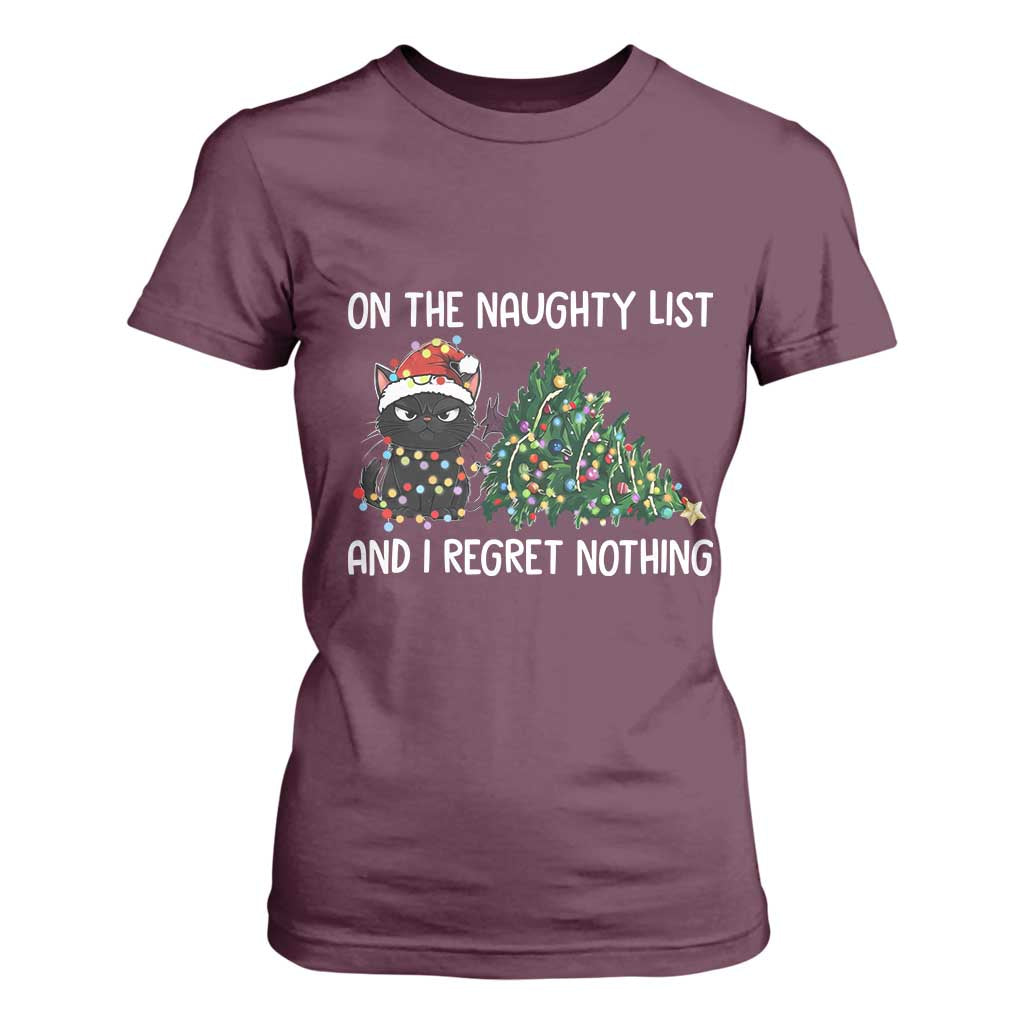 Funny Cat Christmas T Shirt For Women On The Naughty List And I Regret Nothing TS14 Maroon Print Your Wear