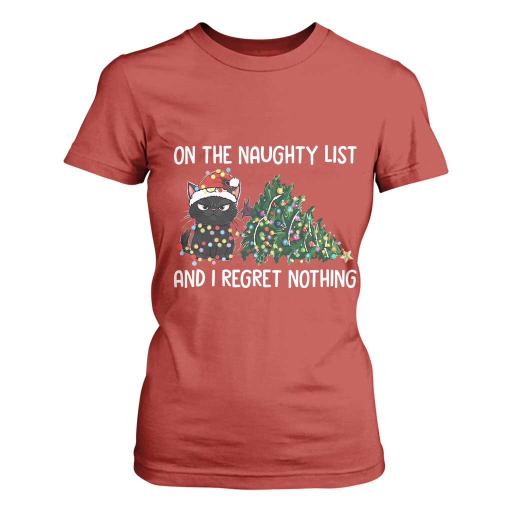 Funny Cat Christmas T Shirt For Women On The Naughty List And I Regret Nothing TS14 Red Print Your Wear