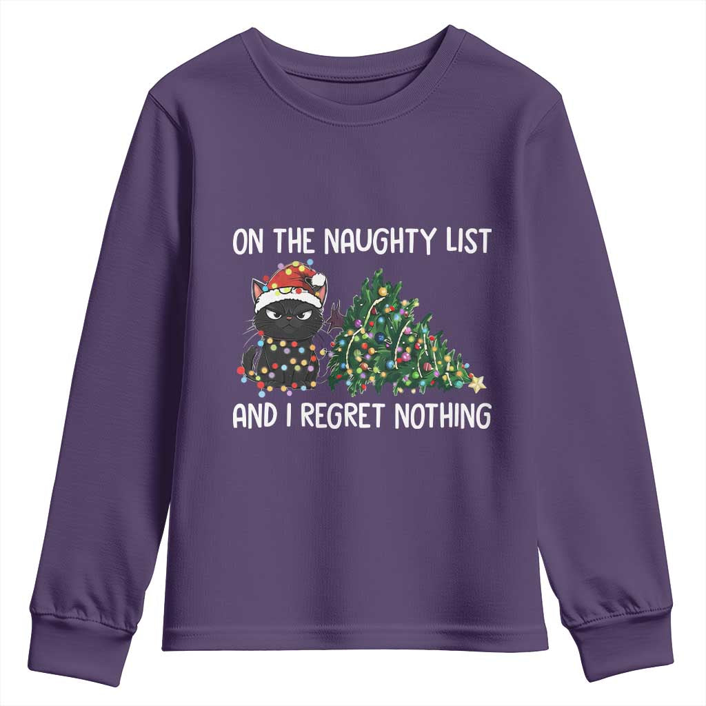 Funny Cat Christmas Youth Sweatshirt On The Naughty List And I Regret Nothing TS14 Purple Print Your Wear