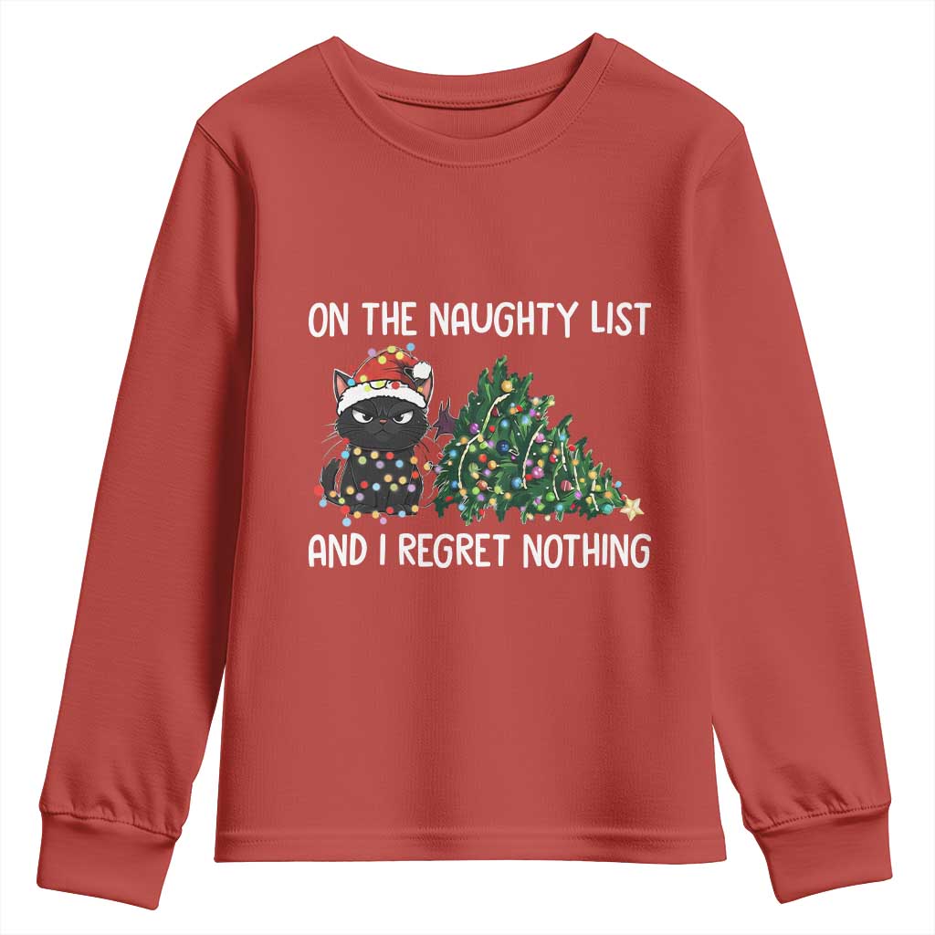 Funny Cat Christmas Youth Sweatshirt On The Naughty List And I Regret Nothing TS14 Red Print Your Wear