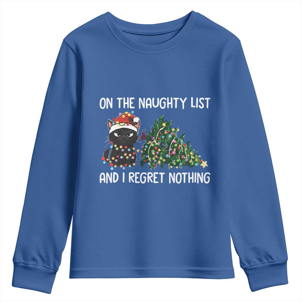 Funny Cat Christmas Youth Sweatshirt On The Naughty List And I Regret Nothing TS14 Royal Blue Print Your Wear