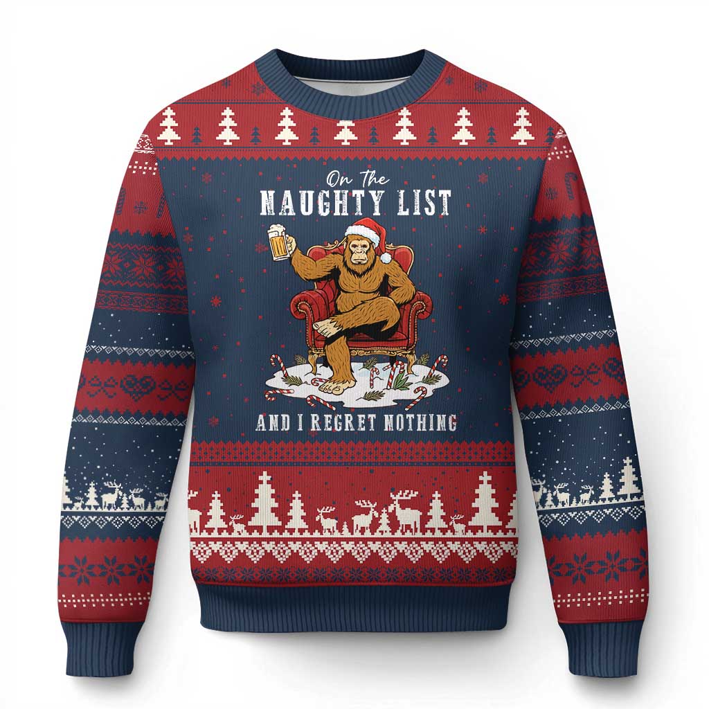 Funny Bigfoot Xmas Ugly Christmas Sweater On The Naughty List And I Regret Nothing TS14 Navy Red Print Your Wear