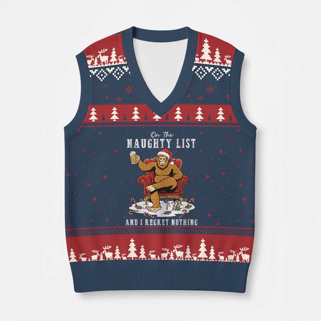 Funny Bigfoot Xmas V-Neck Knit Sweater Vest On The Naughty List And I Regret Nothing TS14 Navy Red Print Your Wear
