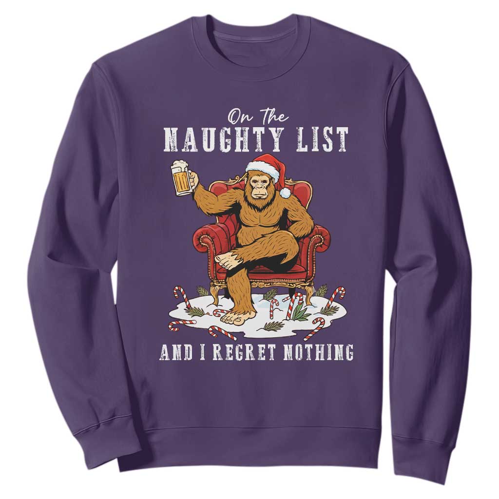 Funny Bigfoot Christmas Sweatshirt On The Naughty List And I Regret Nothing TS14 Purple Print Your Wear
