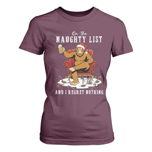 Funny Bigfoot Christmas T Shirt For Women On The Naughty List And I Regret Nothing TS14 Maroon Print Your Wear