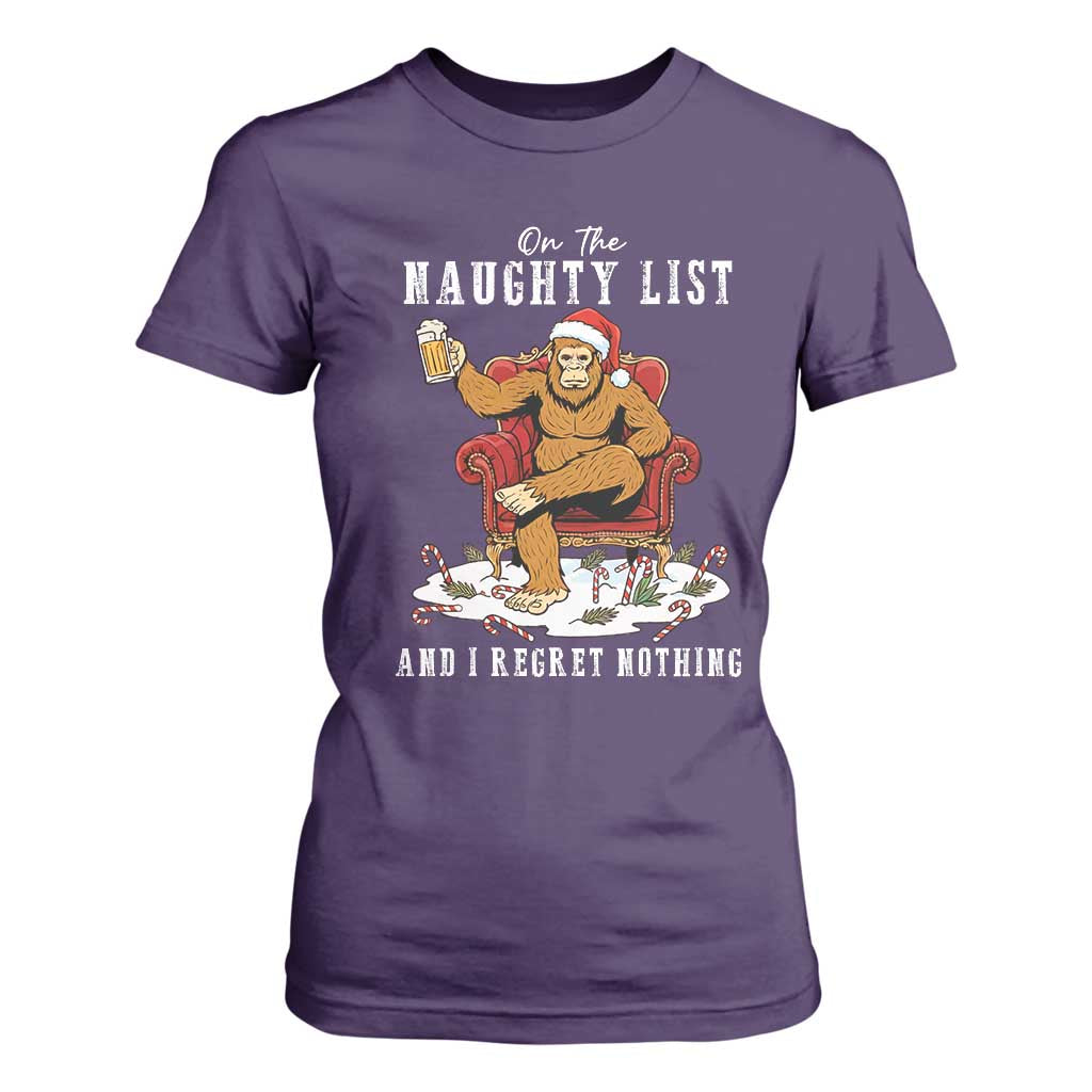 Funny Bigfoot Christmas T Shirt For Women On The Naughty List And I Regret Nothing TS14 Purple Print Your Wear