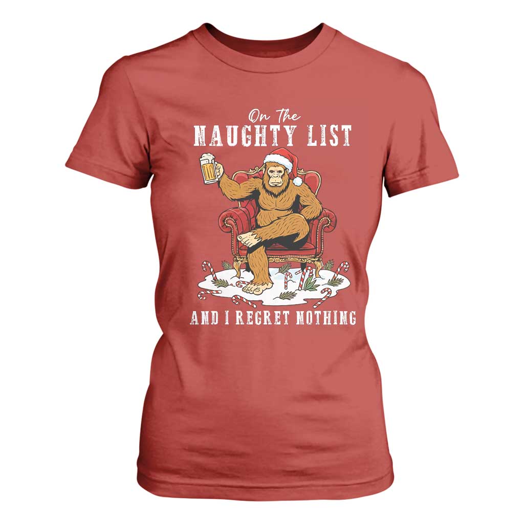 Funny Bigfoot Christmas T Shirt For Women On The Naughty List And I Regret Nothing TS14 Red Print Your Wear