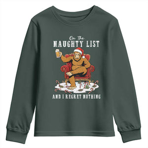Funny Bigfoot Christmas Youth Sweatshirt On The Naughty List And I Regret Nothing TS14 Dark Forest Green Print Your Wear
