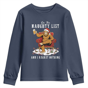 Funny Bigfoot Christmas Youth Sweatshirt On The Naughty List And I Regret Nothing TS14 Navy Print Your Wear