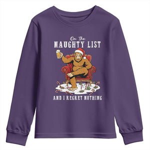 Funny Bigfoot Christmas Youth Sweatshirt On The Naughty List And I Regret Nothing TS14 Purple Print Your Wear