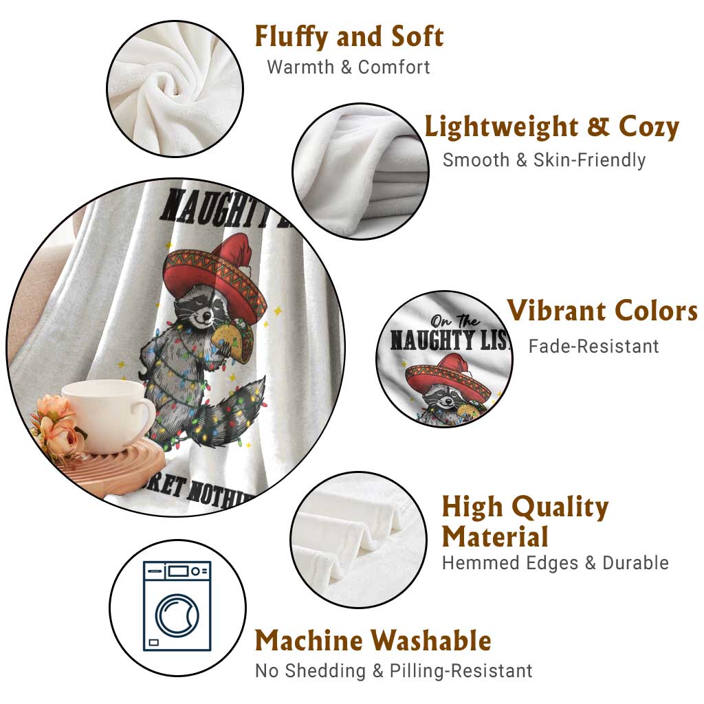 Funny Mexican Racoon Taco Christmas Throw Blanket On The Naughty List And I Regret Nothing TS14 Print Your Wear