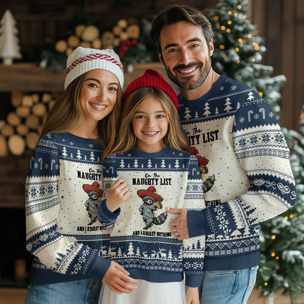 Funny Mexican Racoon Taco Xmas Ugly Christmas Sweater On The Naughty List And I Regret Nothing TS14 Beige Navy Print Your Wear