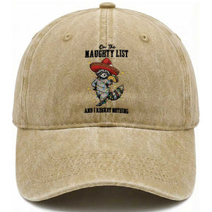Funny Mexican Racoon Taco Christmas Washed Cotton Baseball Cap On The Naughty List And I Regret Nothing TS14 Washed Cap Universal Fit Khaki Print Your Wear