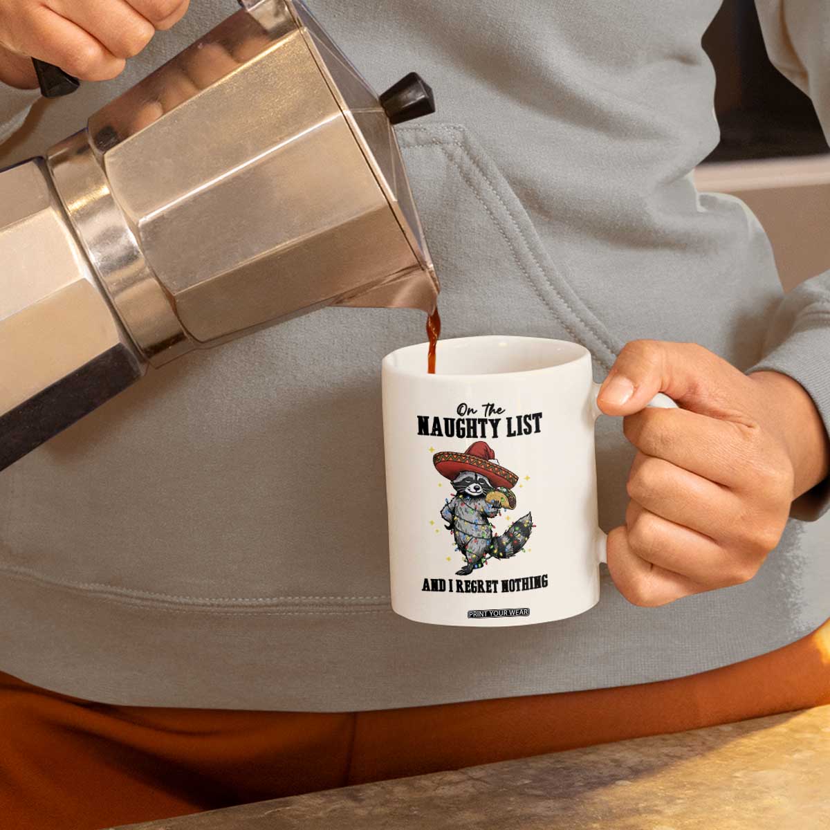 Funny Mexican Racoon Taco Christmas Coffee Mug On The Naughty List And I Regret Nothing TS14 Print Your Wear