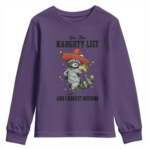 Funny Mexican Racoon Taco Christmas Youth Sweatshirt On The Naughty List And I Regret Nothing TS14 Purple Print Your Wear