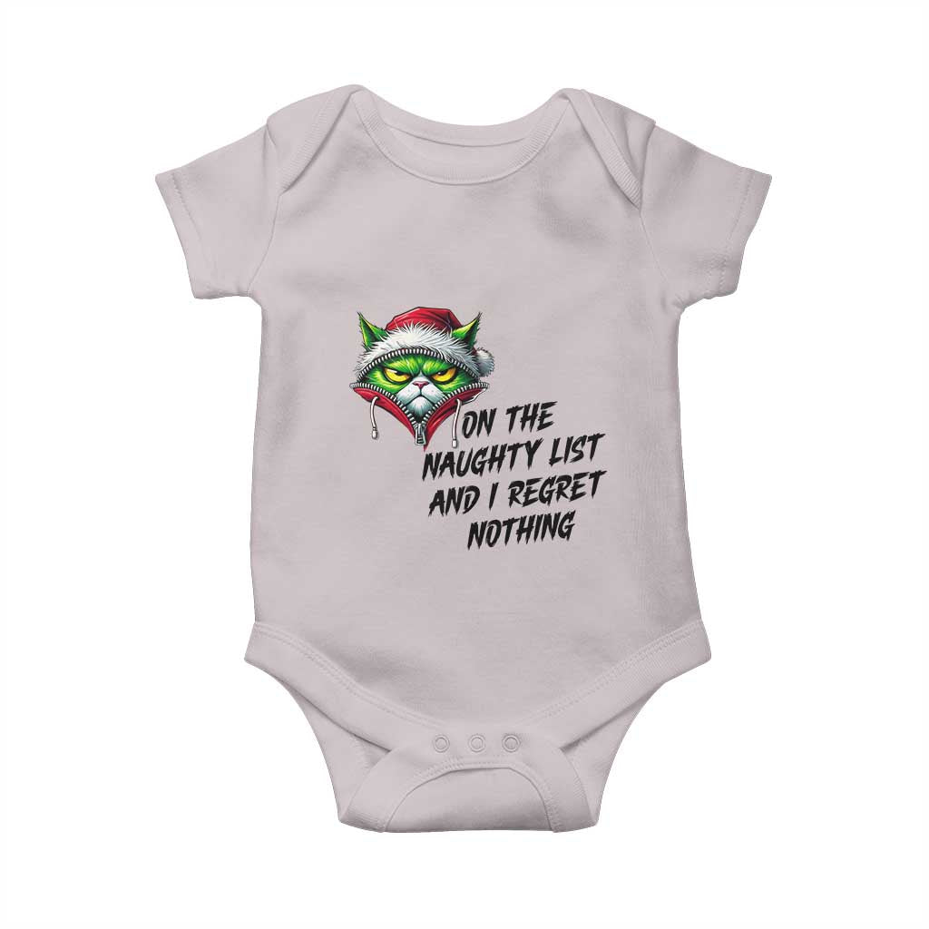 Funny Cat Green Christmas Baby Onesie On The Naughty List And I Regret Nothing TS14 Ice Gray Print Your Wear