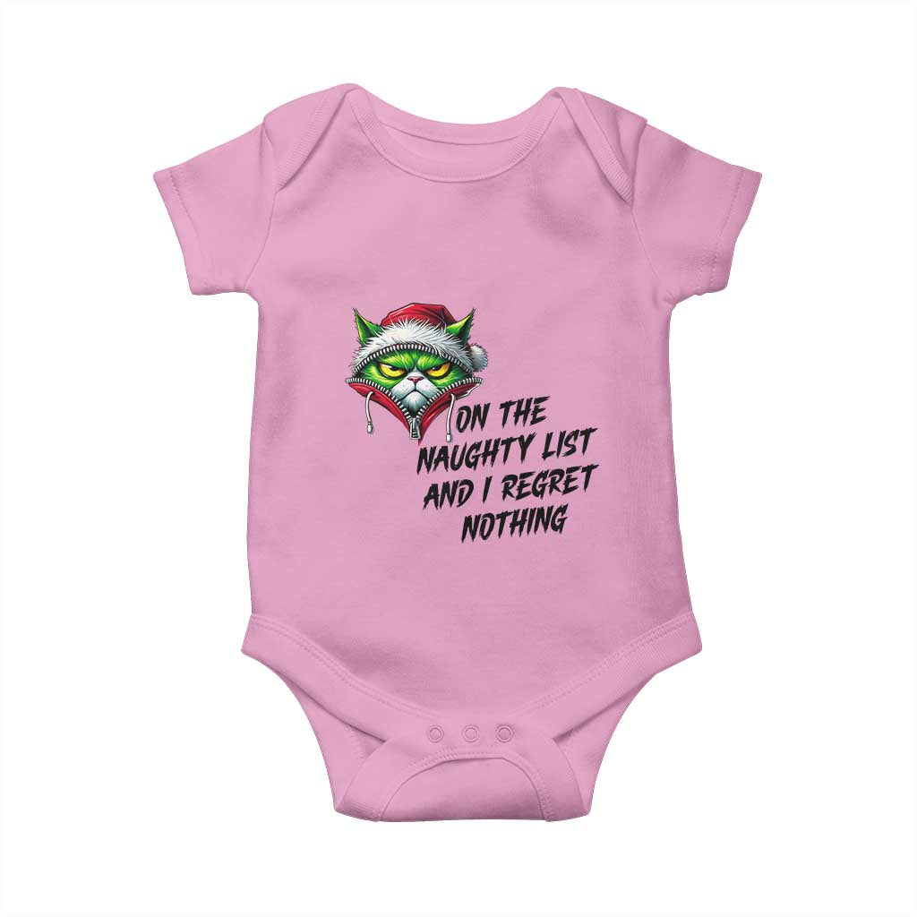 Funny Cat Green Christmas Baby Onesie On The Naughty List And I Regret Nothing TS14 Light Pink Print Your Wear